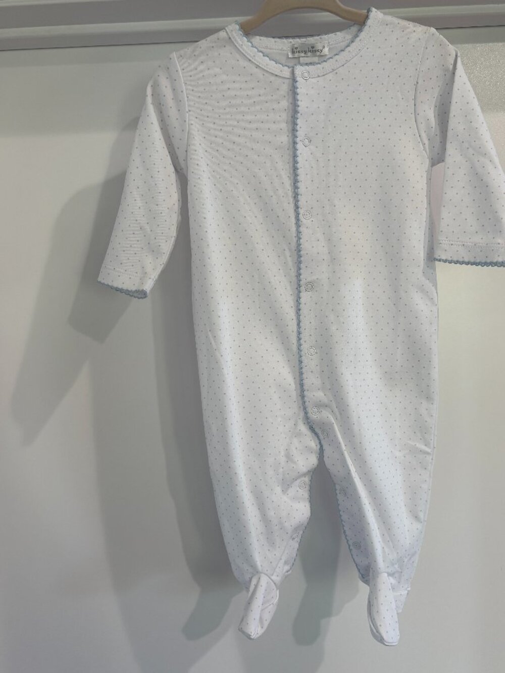 Kissy Kissy Baby Blue Polka Dot Picot Trim Footie Sleeper Pima Cotton, 6-9